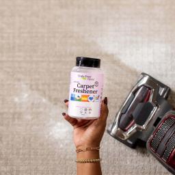 Truly Free Home Carpet Freshener: sprinkle powder over area, let it sit to absorb odors, vacuum away odors.
