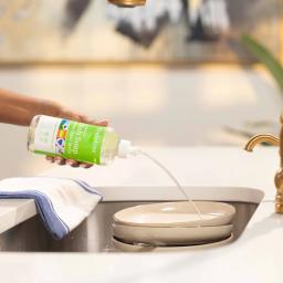 Truly Free Home Dish Soap: add to sponge or into sink water, wash, experience the cleanest dishes without residues.