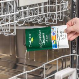 Truly Free Home Dishwasher Cleaner: sprinkle contents in the bottom of empty dishwasher, run a heavy hot water wash, enjoy a clean dishwasher.