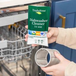 Truly Free Home Dishwasher Cleaner: sprinkle contents in the bottom of empty dishwasher, run a heavy hot water wash, enjoy a clean dishwasher.