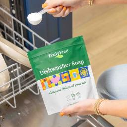 Truly Free Home Dishwasher Soap: a nature-powered dishwashing soap with enzymes that digest food particles and rinses away.