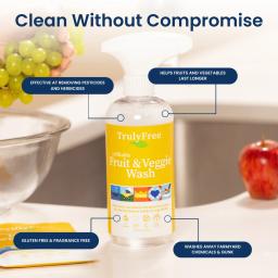 Truly Free Home Fruit & Veggie Wash: Plant-derived, thoughtfully formulated, fragrance-free produce wash.