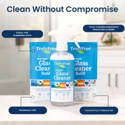 Truly Free Home Glass Cleaner: plant-derived ingredients, streak-free glass, removes, fragrance free.