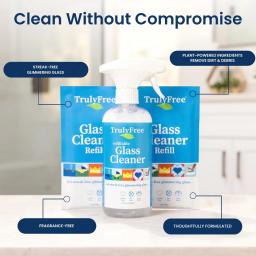 Truly Free Home Glass Cleaner: plant-derived ingredients, streak-free glass, removes, fragrance free.