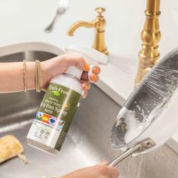 Heavy Duty Pot & Pan Spray: spray onto surface, allow to sit to penetrate, scrub to remove grime, rinse with water.