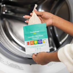 Truly Free Home Laundry Machine Cleaner: add sachet to empty machine, run a hot water wash, once complete, discard sachet.