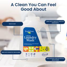 Tough on stains, thoughtfully formulated. Truly Free Home Laundry Wash: made without dyes or optical brighteners.