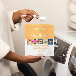 Truly Free Home OxyBoost: add 1 or 2 scoops to washer.