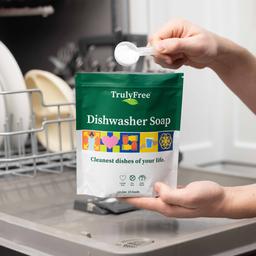 Truly Free Home Dishwasher Soap: add a scoop to your machine's detergent compartment, eat off safe, sparkling dishes.