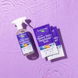Truly Free Home Heavy Duty Degreaser Spray bottle and 2 refill packs.