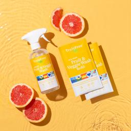 Truly Free Home Fruit & Veggie Wash Spray bottle and 2 refill packs.