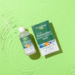 Truly Free Home Dishwasher Booster & Rinse Aid bottle and 1 refill pack.