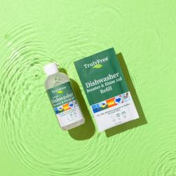 Truly Free Home Dishwasher Booster & Rinse Aid bottle and 1 refill pack.