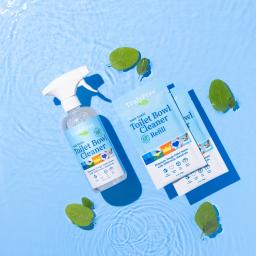 Truly Free Home Toilet Bowl Cleaner spray bottle and 2 refill packs.