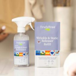 Truly Free Home Wrinkle & Static Releaser spray bottle and refill package.