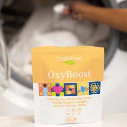 Truly Free Home OxyBoost: add 1 or 2 scoops to washer.